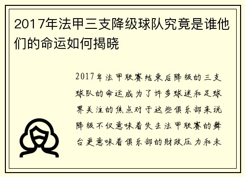 2017年法甲三支降级球队究竟是谁他们的命运如何揭晓