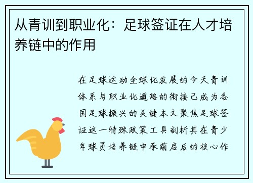 从青训到职业化：足球签证在人才培养链中的作用
