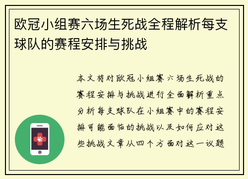 欧冠小组赛六场生死战全程解析每支球队的赛程安排与挑战