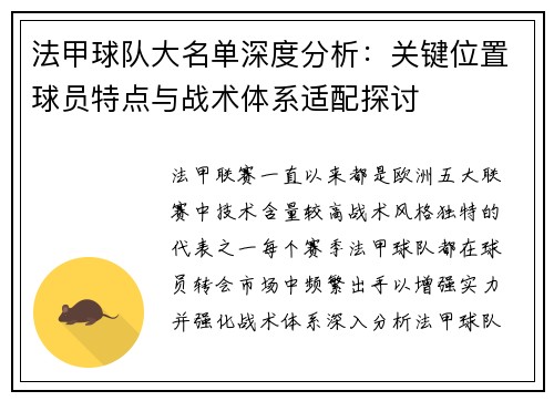 法甲球队大名单深度分析：关键位置球员特点与战术体系适配探讨